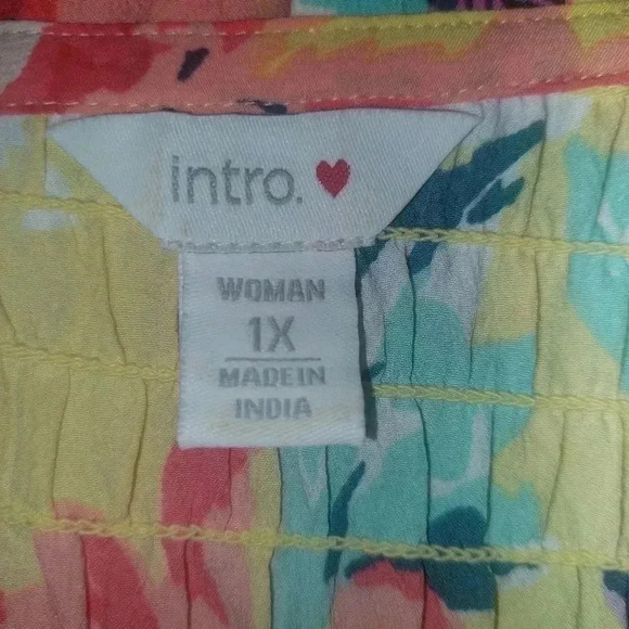 Intro. Heart Women 1X Plus Shirred Button Down Blouse EUC Yellow Coral Pink Blue - Picture 7 of 8